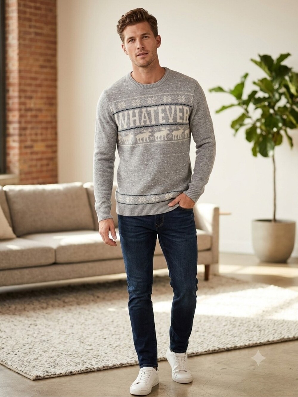 Le 31 Simons Lambs Wool Grey Crewneck Sweater with White 'WHATEVER' Motif Size L